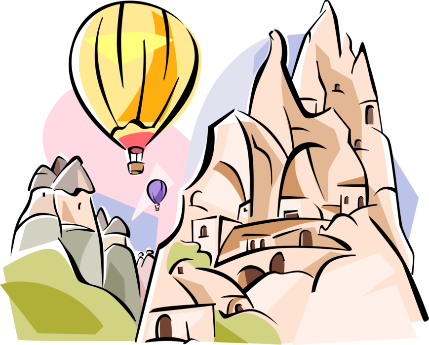 Vector Illustration of Goreme "Fairy Chimney" Rock Formations of Cappadocia with Hot Air Balloon, Turkey 