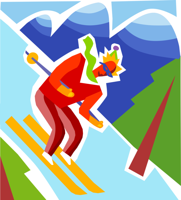 Vector Illustration of Downhill Alpine Skier Races Down Mountain Slopes While Skiing at Winter Ski Resort