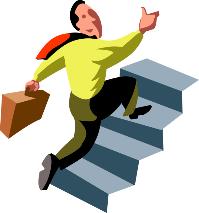 Vector Illustration of Ambitious Businessman Runs Up Stairs to Get to the Top and Achieve Success