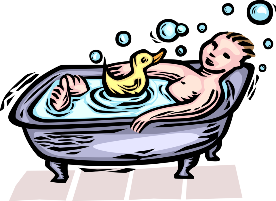 Vector Illustration of Child in Bathtub with Rubber Ducky and Soap Bubbles Enjoying Bath