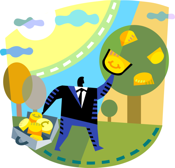 Vector Illustration of Businessman Reaps Financial Harvest of Investment Cash Currency Coins from Money Tree