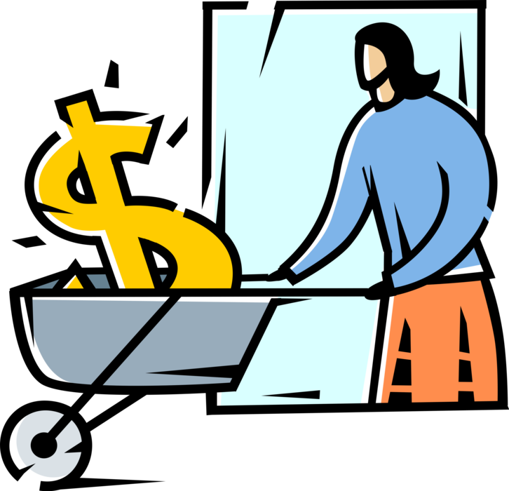 Vector Illustration of Businesswoman with Wheelbarrow Takes Financial Windfall Cash Money Dollars to Bank