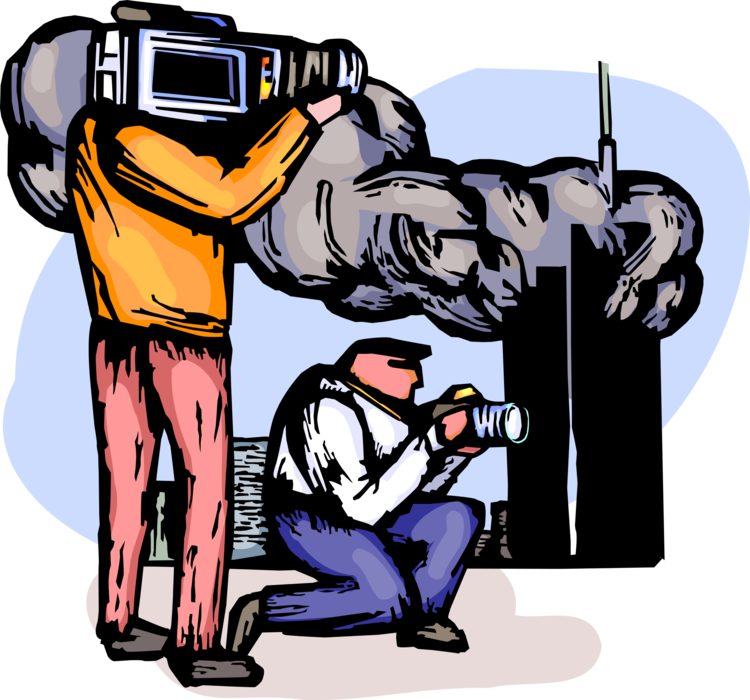Vector Illustration of Television News Reporters Film 9/11 Terrorist Attacks at World Trade Center Twin Towers
