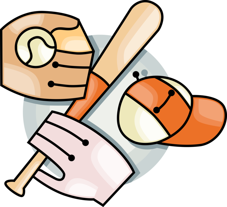 Vector Illustration of Hand with Baseball Bat, Glove, Ball and Cap