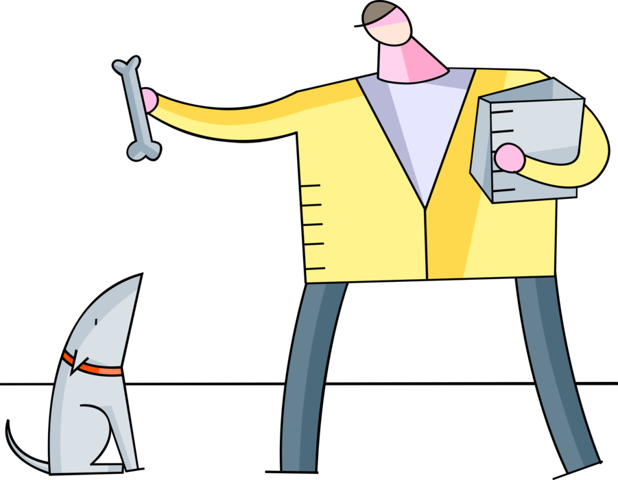 Vector Illustration of Pet Owner Teaches Sitting Family Dog Tricks with Bone