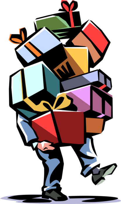Vector Illustration of Christmas Holiday Shopper Struggles Under Load of Presents and Gifts
