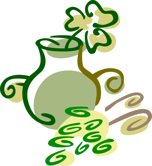 Vector Illustration of Irish Mythology Leprechaun's Pot of Gold Wealth and Riches with Lucky Shamrock