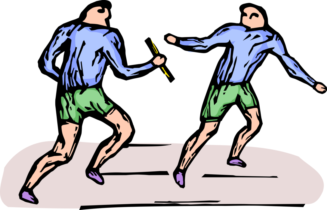 Vector Illustration of Track and Field Athletic Sport Contest Runners Pass Baton Running in Relay Race Competition