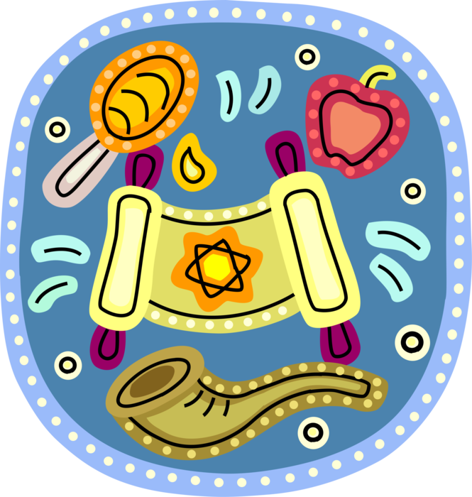 Vector Illustration of Hebrew Jewish Rosh Hashanah Celebration Feast with Honey, Sliced Apples, Torah Scroll, Shofar Ram's Horn