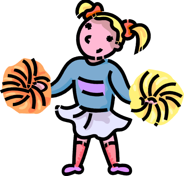 Vector Illustration of Primary or Elementary School Student Girl Cheerleader Cheers and Shows Team Support with Pom Poms