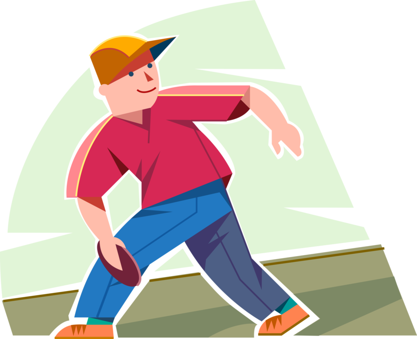 Vector Illustration of Young Adolescent Boy Throws Flying Disc Frisbee While Playing Outdoors