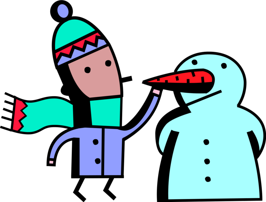 Vector Illustration of Boy Builds Snowman Anthropomorphic Snow Sculpture with Carrot Nose