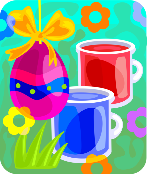 Vector Illustration of Decorated Painted Easter Egg with Coloring Dyes in Cups