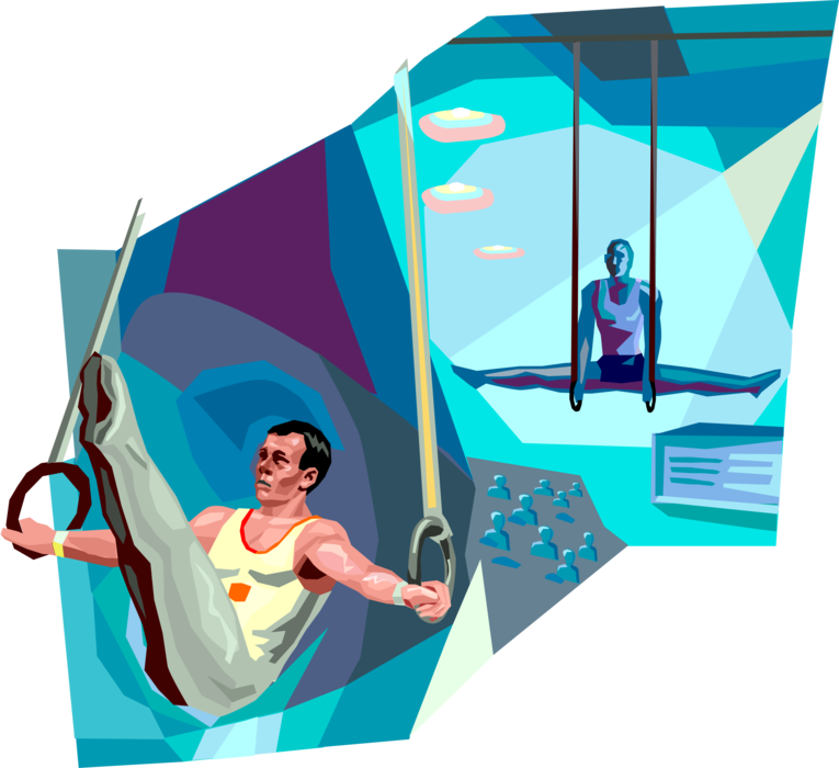 Vector Illustration of Gymnast Performs Gymnastics Routine on Rings