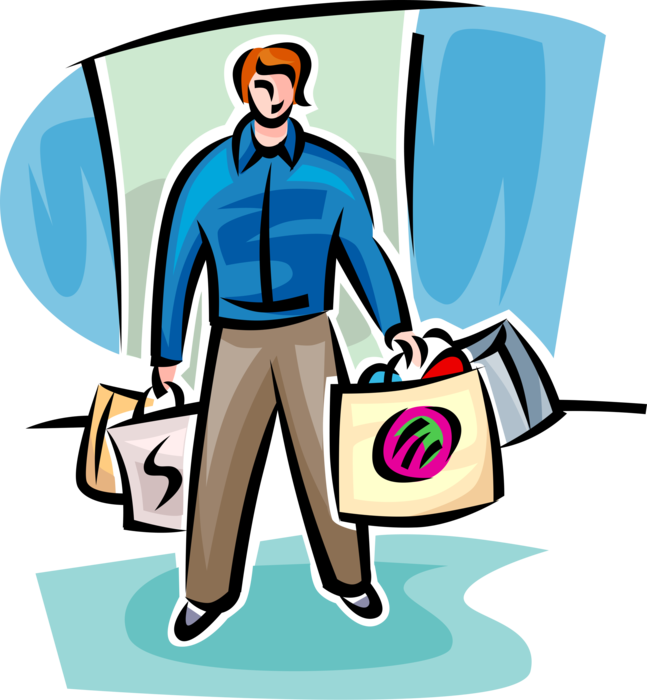 Vector Illustration of Shopping Excursion Customer Holds Retail Shopping Bags of Purchases