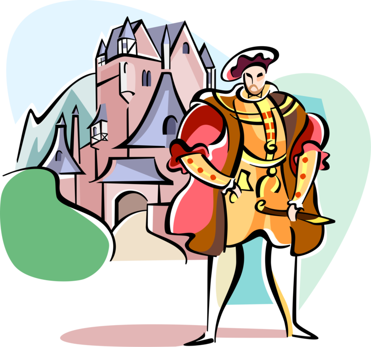 Vector Illustration of English Tudor Monarch King with Medieval Castle Fortification