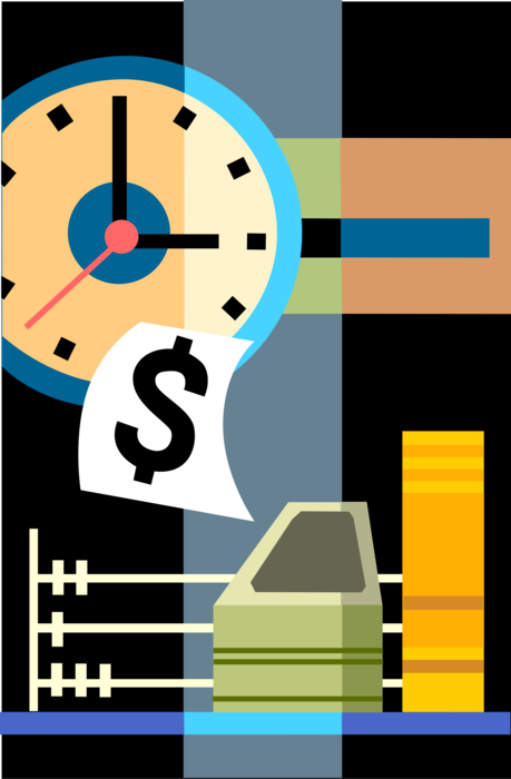 Vector Illustration of Time is Money Idiom with Clock and Financial Cash Money Dollars