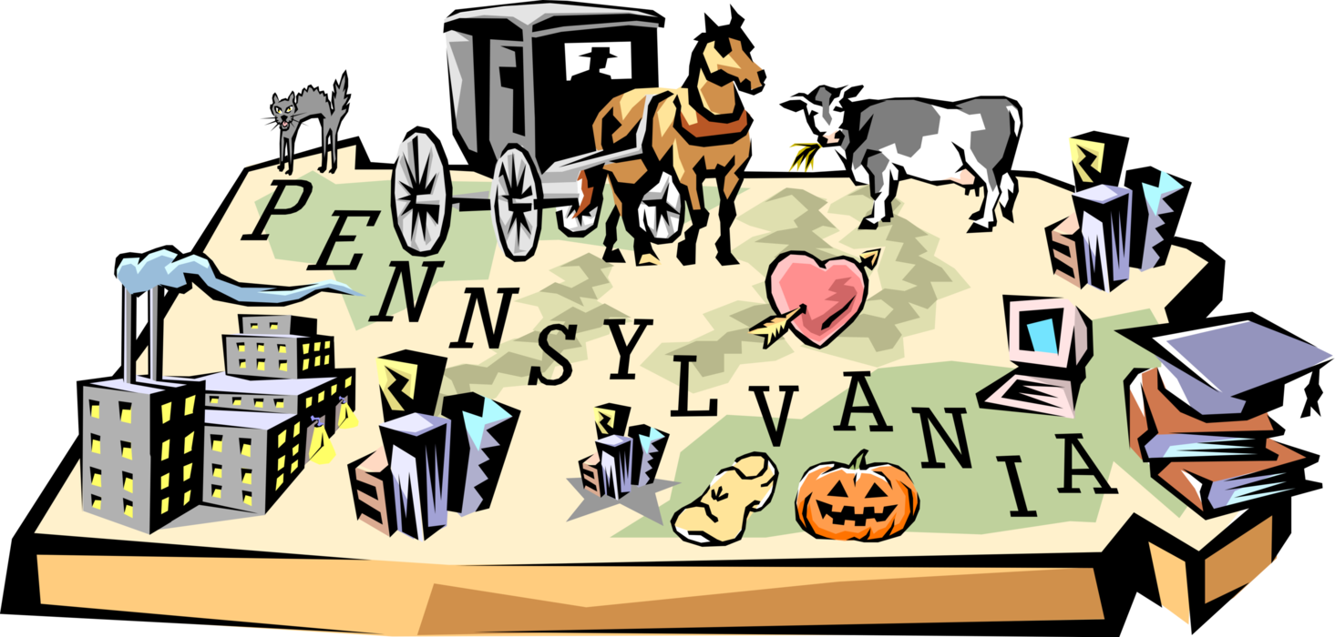 Vector Illustration of State of Pennsylvania Vignette Map with Tourism Infographic Icons, United States of America
