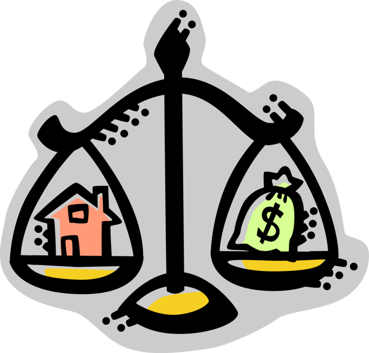 Vector Illustration of Financial Scale Weighs Family Home Residence and Cash Money Dollars