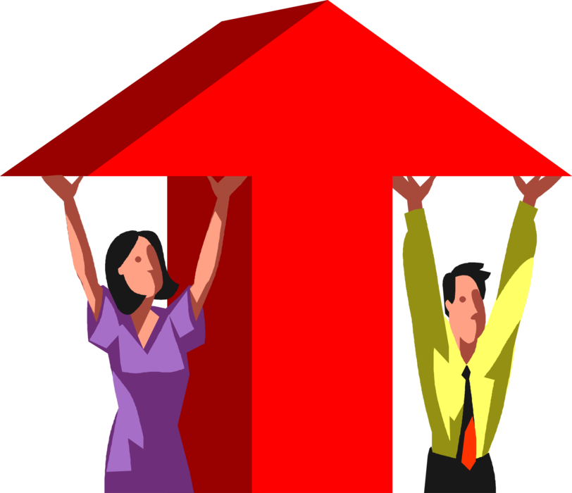 Vector Illustration of Business Associates use Teamwork and Collaboration to Contribute to Rising Sales Revenue Arrow