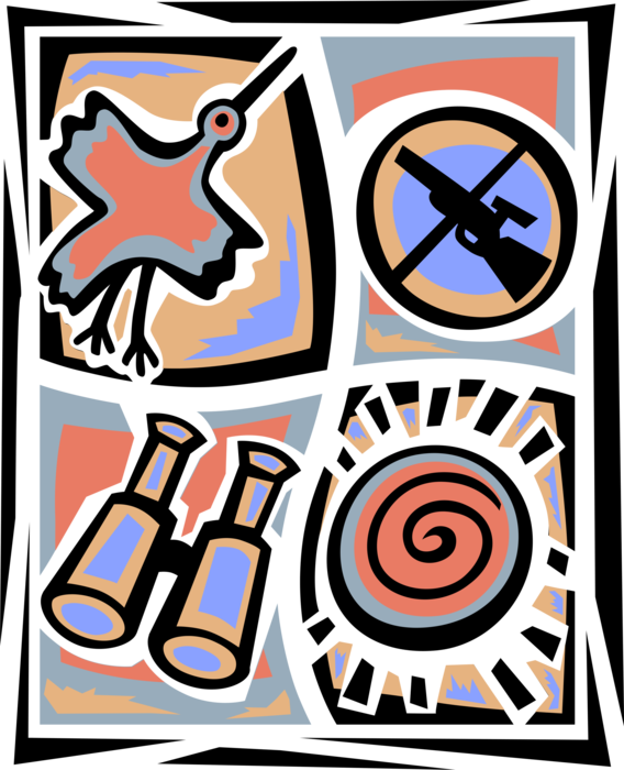 Vector Illustration of Protecting Wildlife and Biodiversity with Threatened or Endangered Species Birds, Hunting Rifle, Binoculars