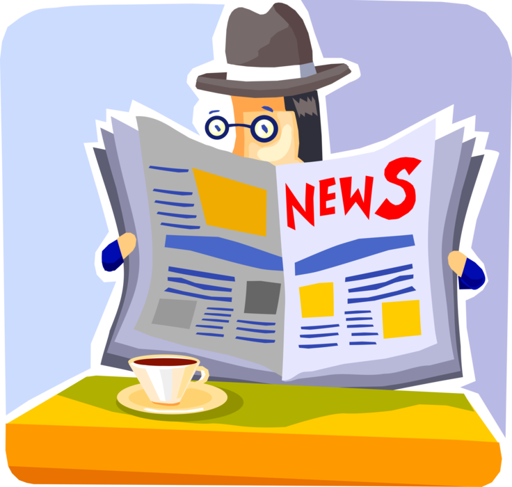 Vector Illustration of Businessman Engrossed Reading Newspaper Serial Publication Containing News, Articles, and Advertising