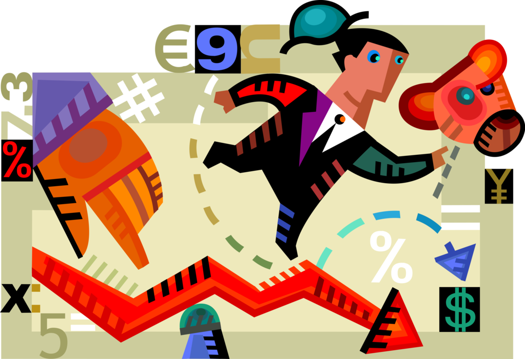 Vector Illustration of Businessman Investor Stumble in Bear Market Wall Street Stock Exchange Downturn with Investment Losses