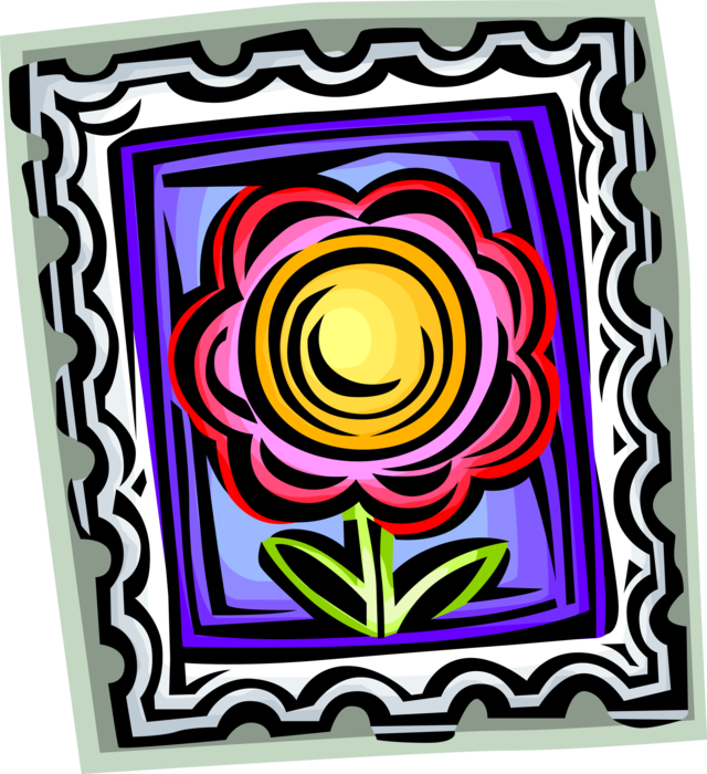 Vector Illustration of Post Office Postage Stamp Displayed on Mail with Flower Blossom