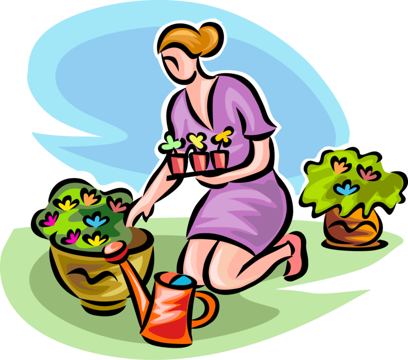 Vector Illustration of Gardener with Watering Can Plants Flowers in Garden Flower Pot