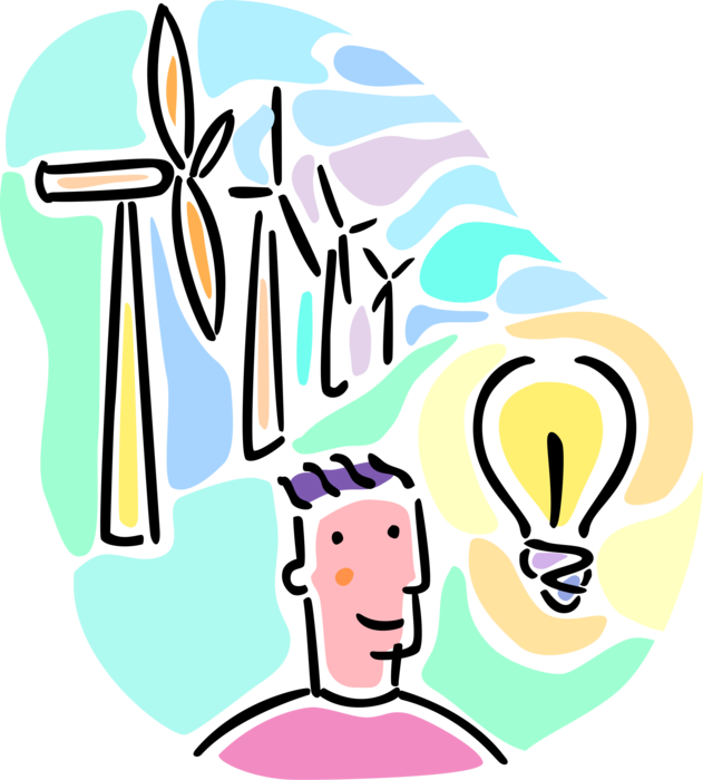 Vector Illustration of Good Idea Light Bulb Renewable Energy Wind Turbines Create Electrical Power Distributed as Electricity