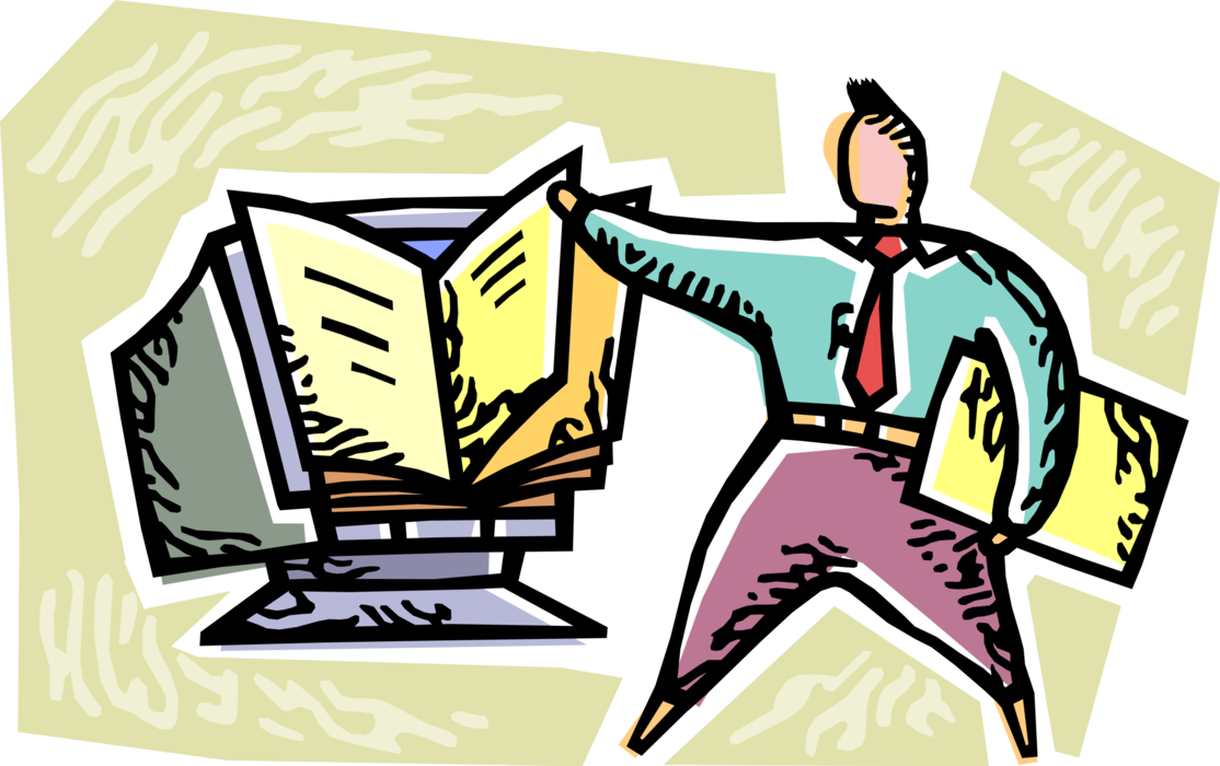Vector Illustration of Businessman Accesses Online Internet Information with Computer