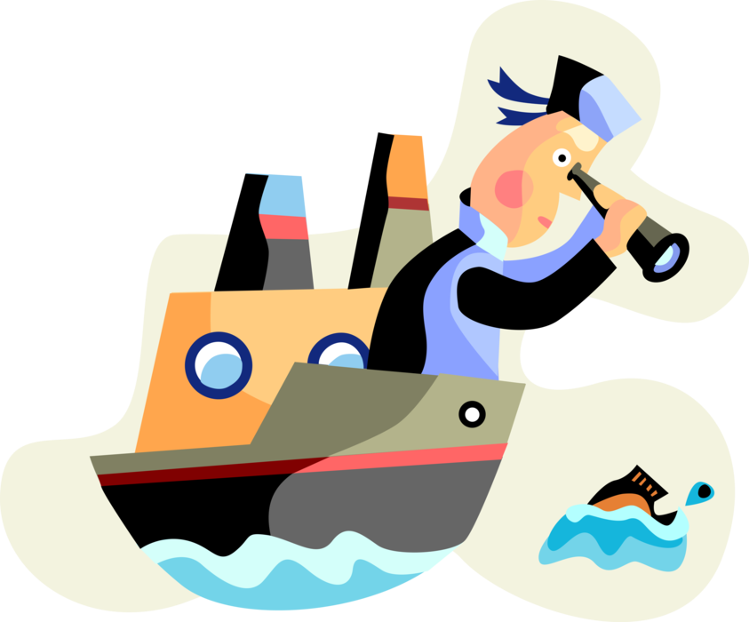 Vector Illustration of Commercial Fisherman Angler on Watercraft Fishing Vessel Trawler Boat on the Lookout for Fish in Ocean