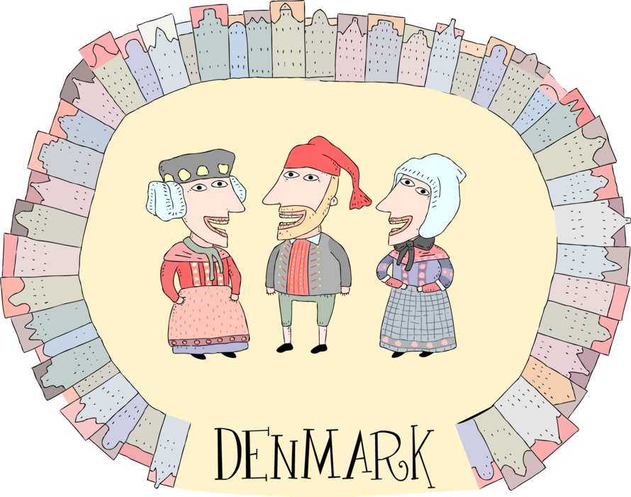 Vector Illustration of Denmark Traditional Costumes in Copenhagen City Square