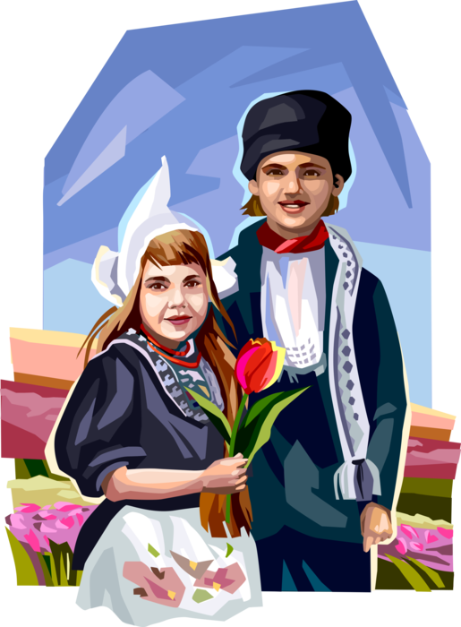 Vector Illustration of Dutch Children in Traditional Costume, Holland, The Netherlands