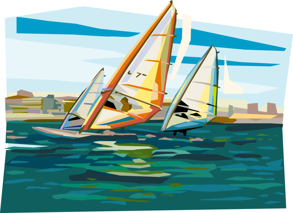 Vector Illustration of Windsurfers on Sailboards Windsurfing on Water