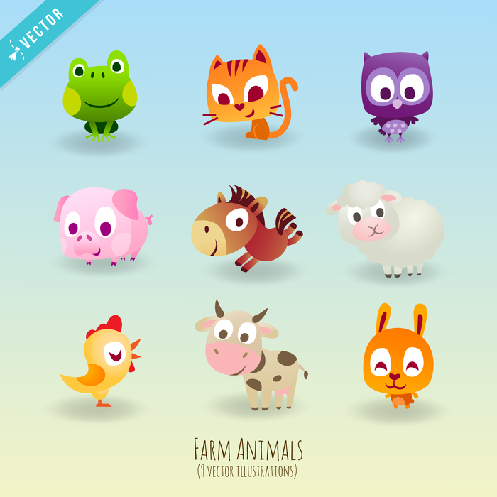 Children's Storybook Vector Farmyard Animal Characters Having Fun
