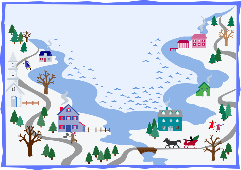 Vector Illustration of Winter Landscape Folk Art with Snow and Village