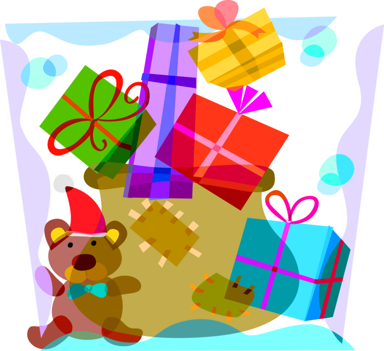 Vector Illustration of Santa Claus' Sack of Gift Wrapped Christmas Presents, Stuffed Animal Teddy Bear