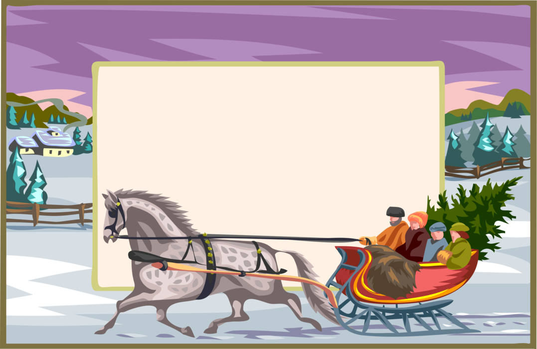 Vector Illustration of 19th Century Victorian Era Family Cuts Christmas Tree with Horse Drawn Sleigh in Winter Landscape