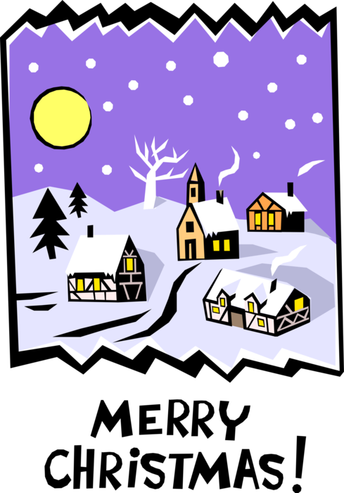 Vector Illustration of Merry Christmas Winter Village Scene