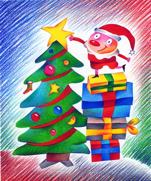 Santa Decorates the Christmas Tree