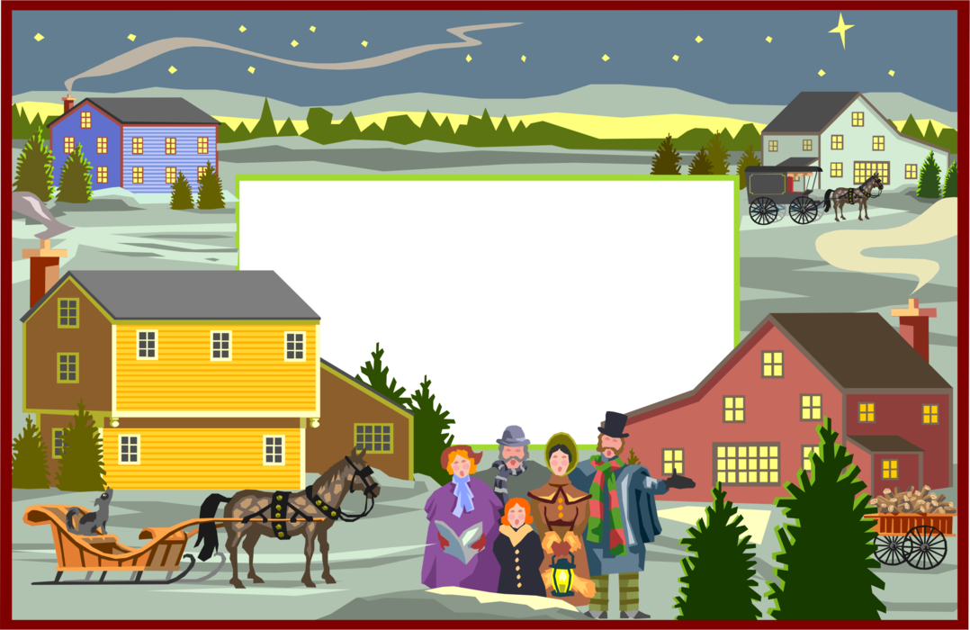 Vector Illustration of 19th Century Victorian Era Country Winter Background Frame with Christmas Carolers