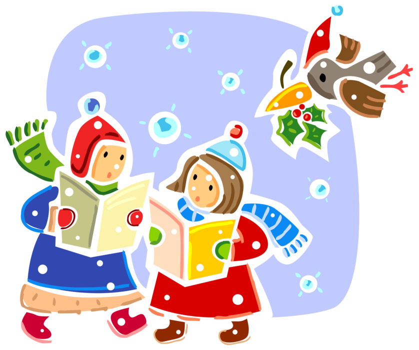 Vector Illustration of Holiday Festive Season Christmas Carolers Sing Festive Seasons Greeting Carol Songs with Bird and Holly
