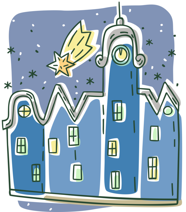 Vector Illustration of Urban Metropolitan City Buildings with Christmas Shooting Star of Bethlehem