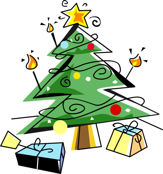 Vector Illustration of Evergreen Christmas Tree with Decoration Ornaments, Gifts and Presents