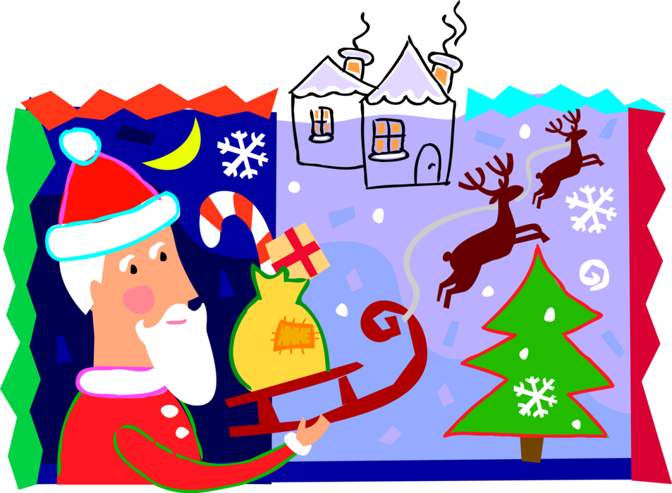 Vector Illustration of Santa Claus with Sleigh and Reindeer Deliver Presents and Gifts on Christmas
