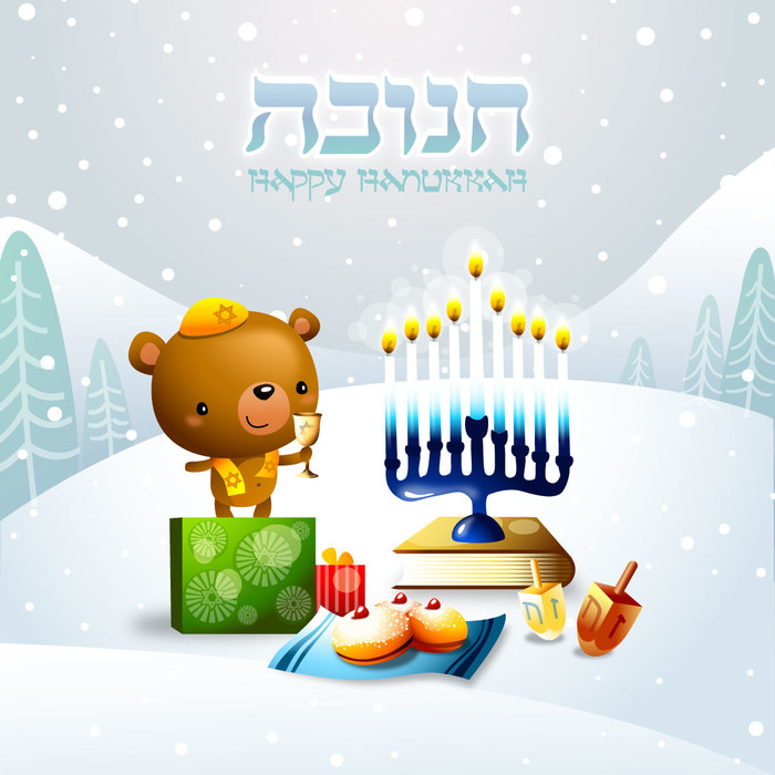 Bear Rabbi Celebrating Hanukkah in a winter scene