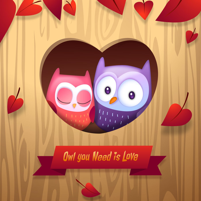Valentine's Day Owls Cuddle with Love Heart Tree Home Vector Illustration
