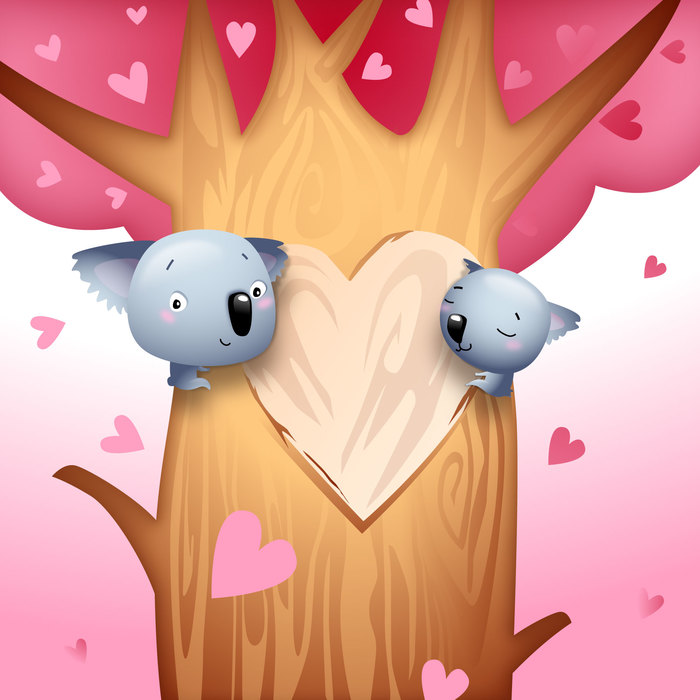 Valentine's Day Koala Bears with Love Hearts on Tree Vector Illustration
