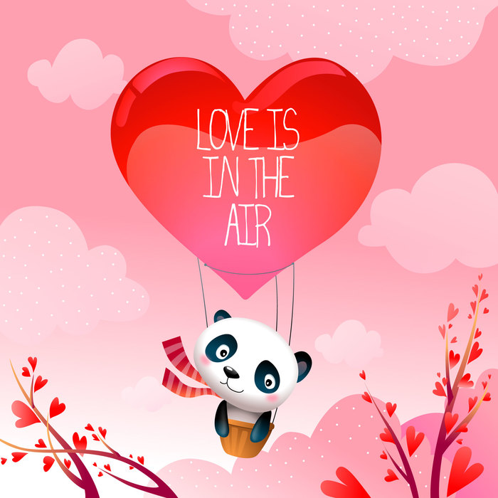 Valentine's Day Panda Bear in Rising Hot Air Love Balloon Vector Illustration
